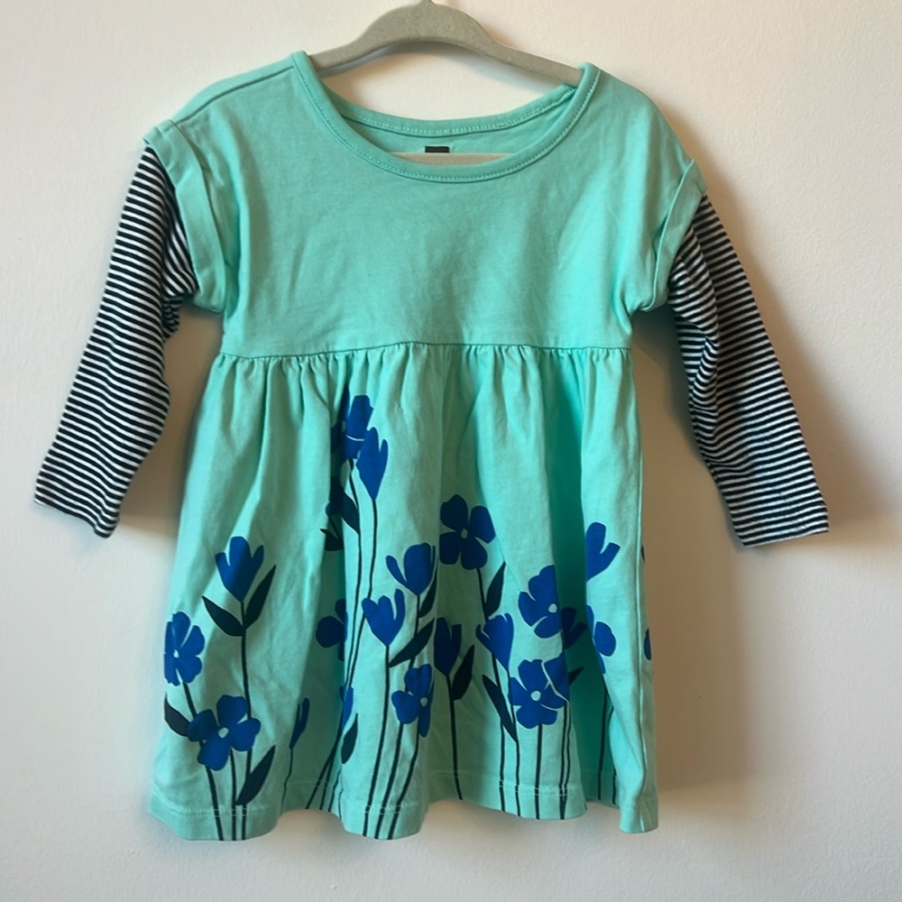 Tea Collection girl Dr mint green blue floral striped long sleeve 12 to 18 mo